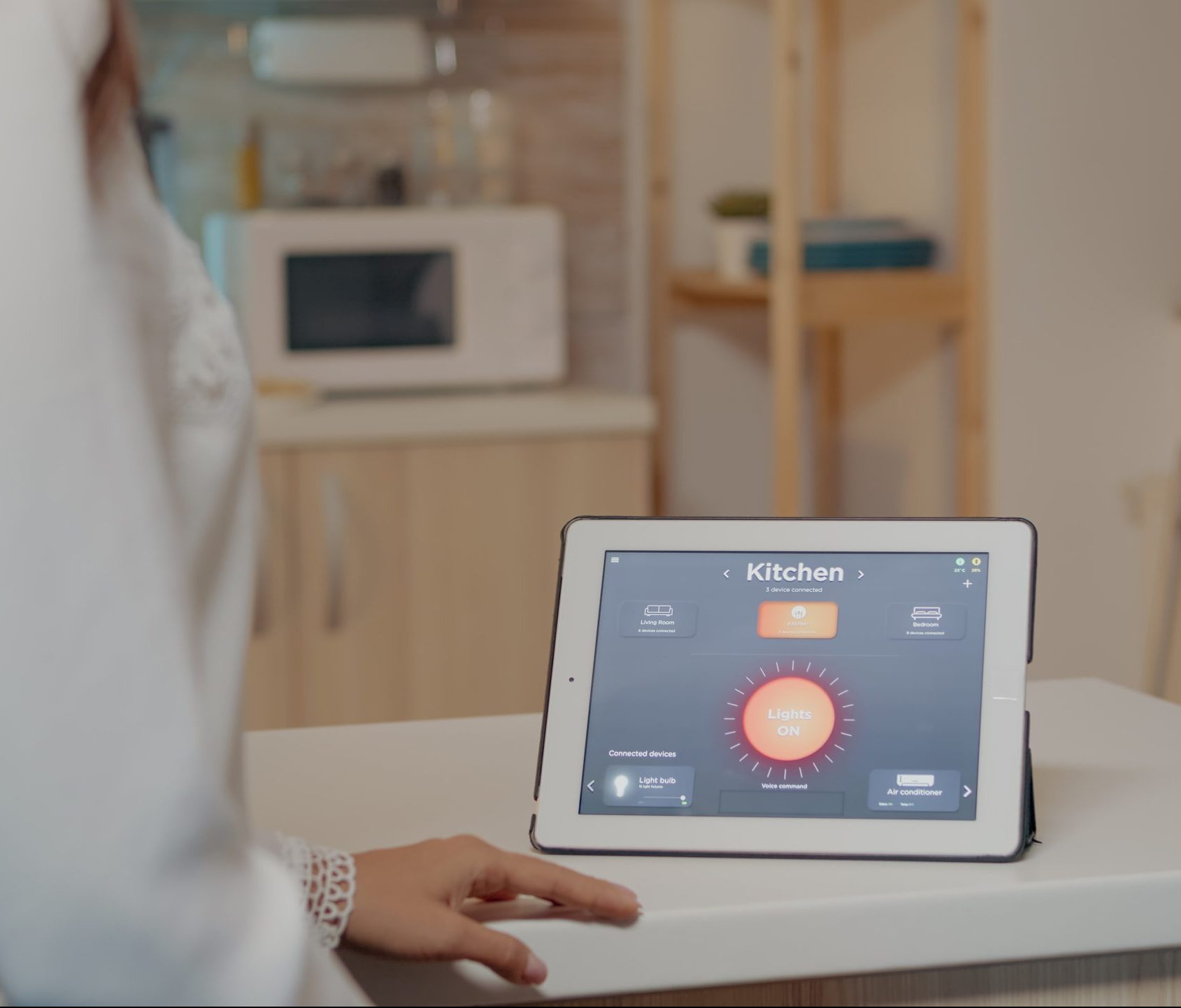 young woman using smart home application with voice command turn light by tablet scaled e1717104169954